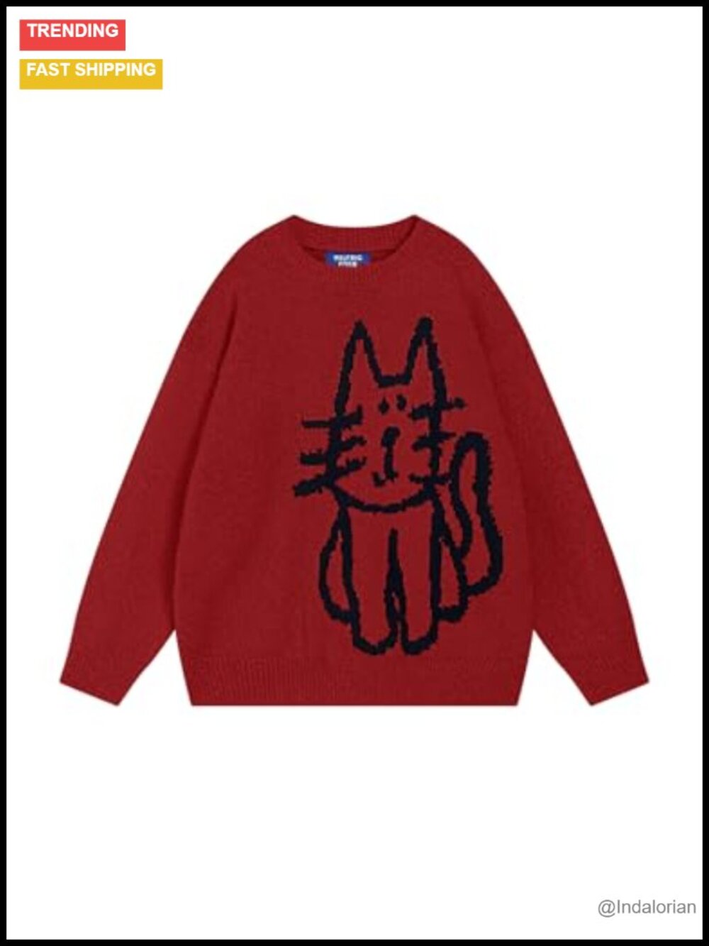 Oversized Pullover Sweater with Cat Graphic Crew Neck Long Sleeve